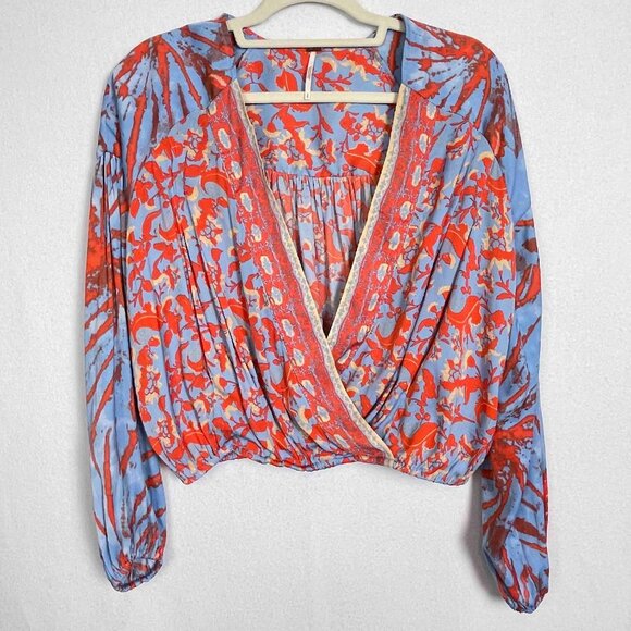 Free People Cruisin' Together Printed Blouse Blue Womens Size S - Picture 2 of 9